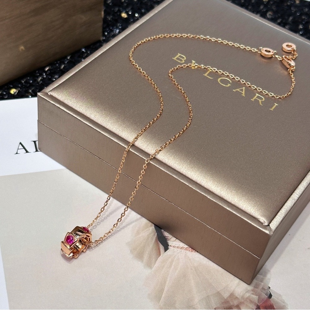 Bulgari Rose Gold Necklace with Red Pendant and Chain Detail - Picture 3 of 8